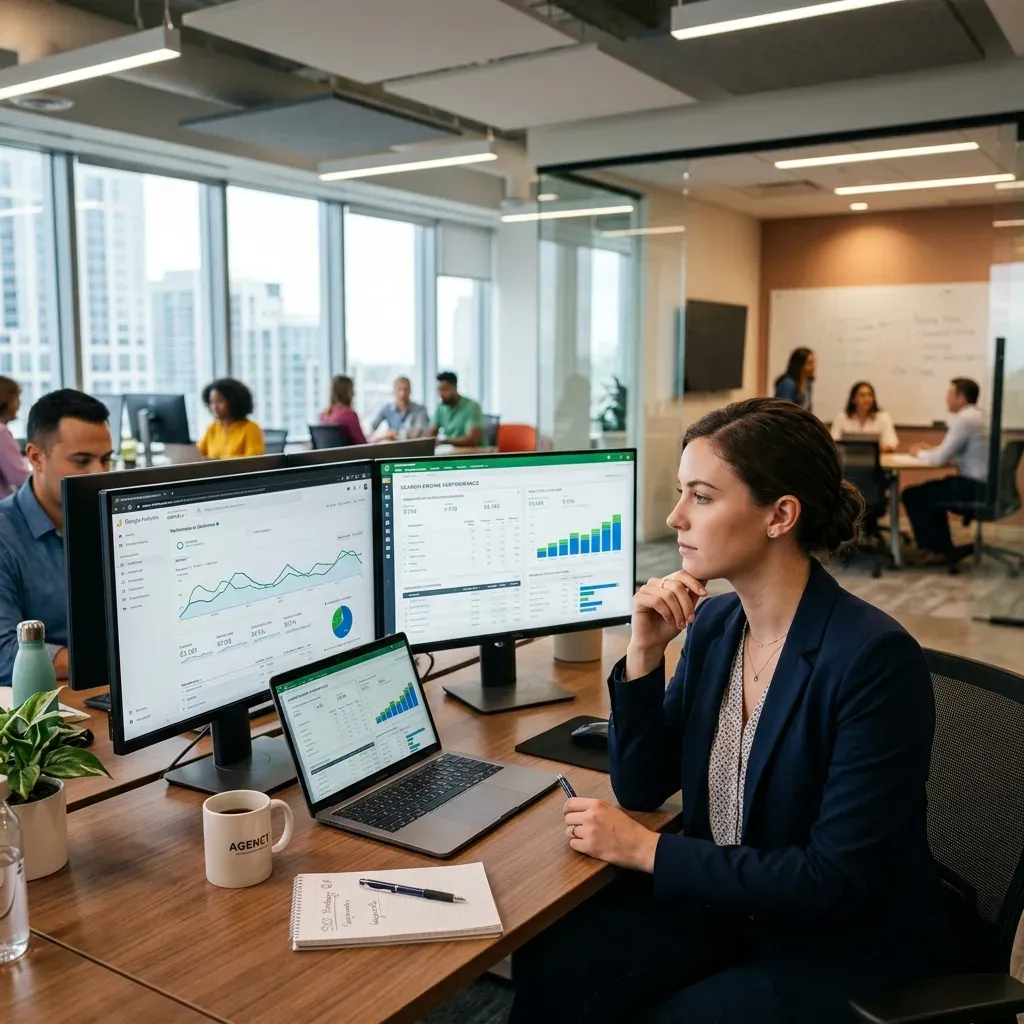 A marketing analyst reviewing search engine performance dashboards on dual monitors in an open-plan agency office