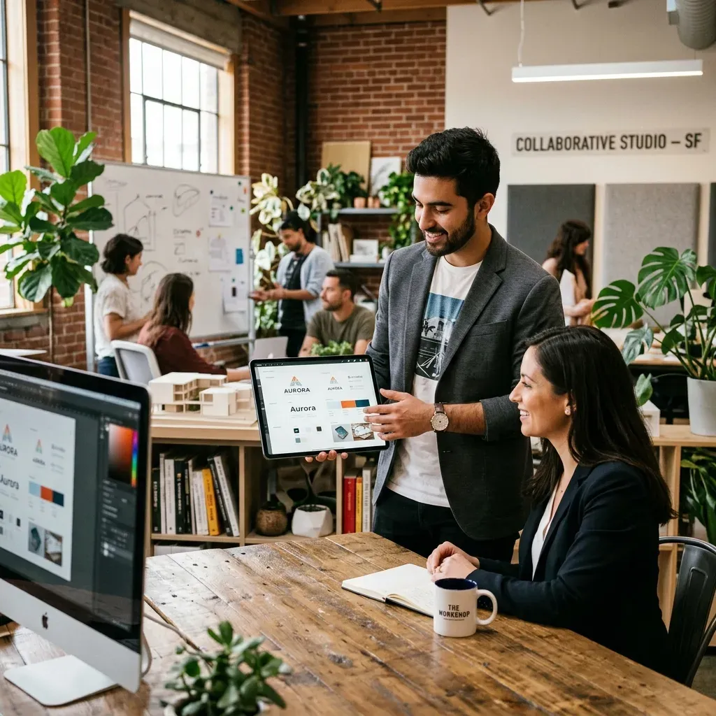 Two brand designers reviewing a color palette and logo system on a tablet in a studio