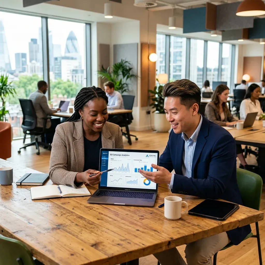 Two paid media strategists reviewing a Q3 campaign analytics dashboard on a laptop in a co-working space