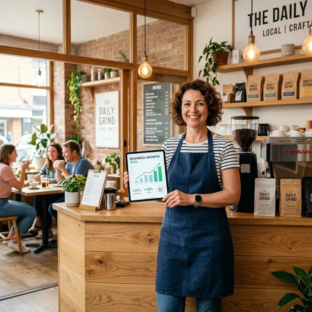 A cafe owner standing at her counter holding a tablet showing a business growth chart for the year