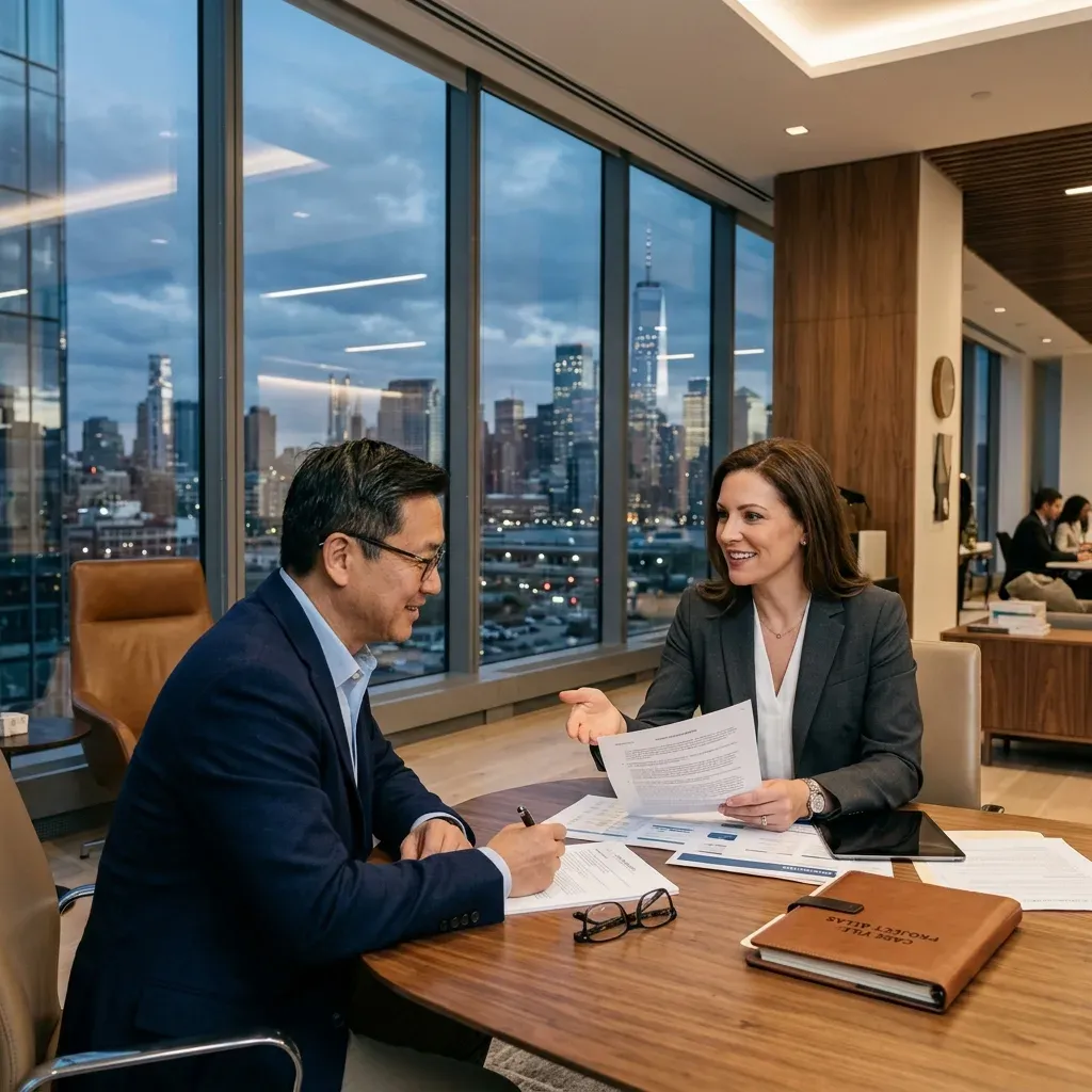 Two attorneys reviewing case documents across a conference table with a city skyline behind them