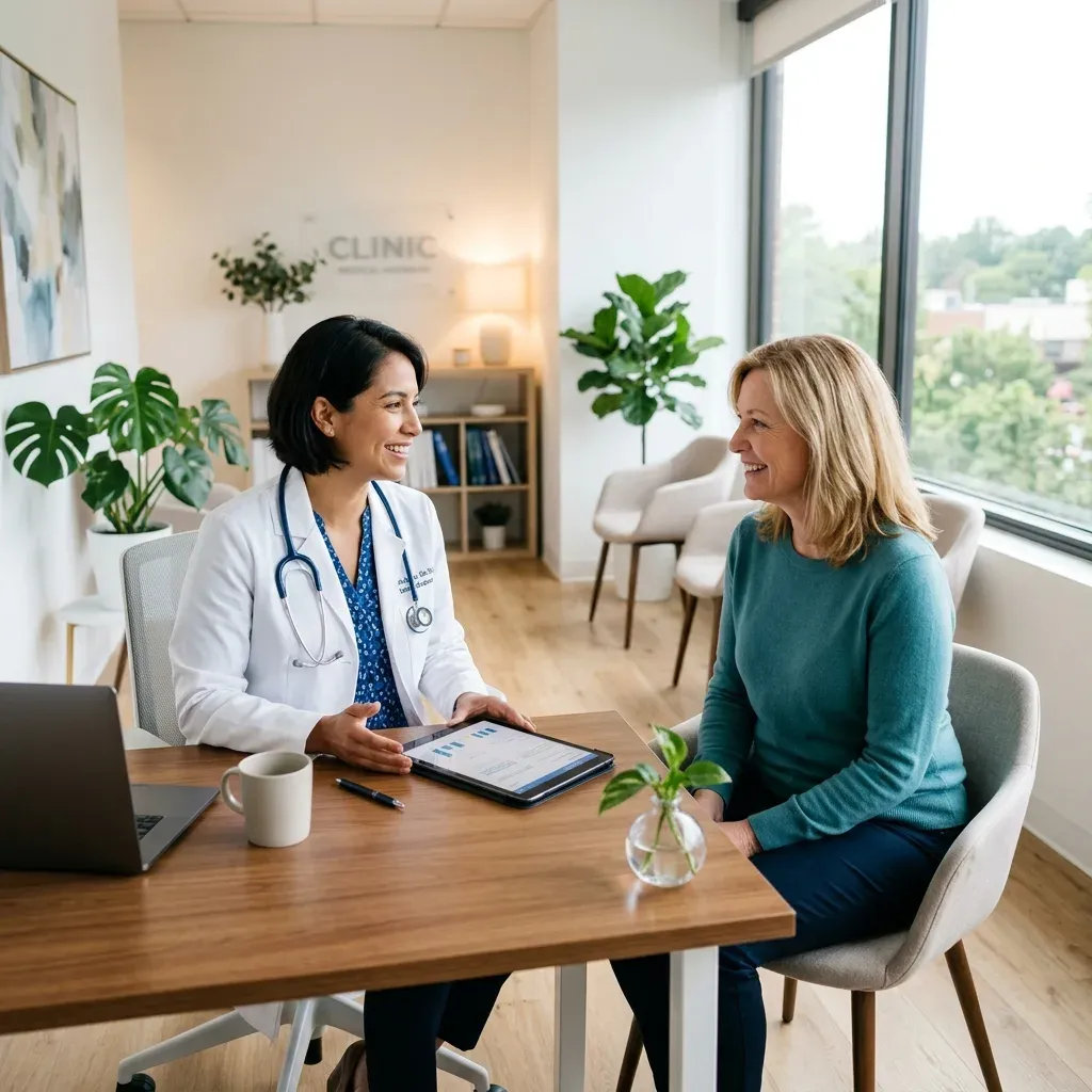 A doctor in a white coat reviewing results on a tablet with a smiling patient in a bright clinic consulting room