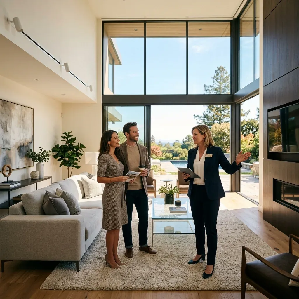 A real estate agent showing a couple through the open-plan living room of a modern luxury home