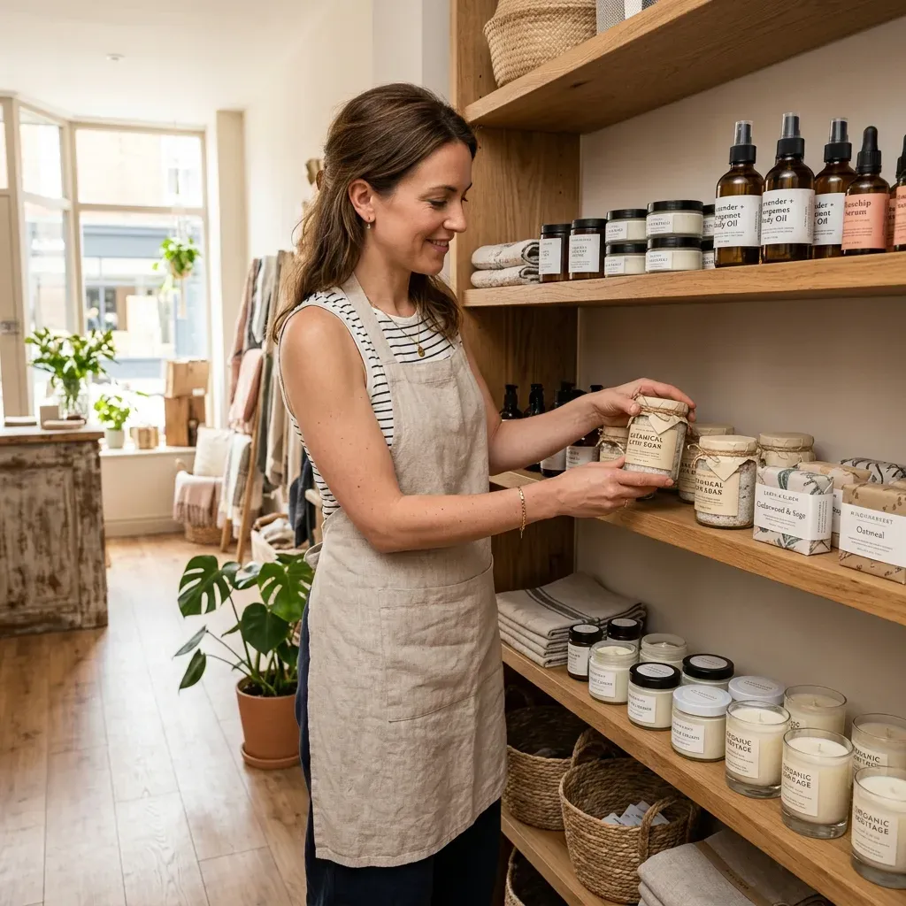 A shop owner in an apron arranging jars of skincare products on the shelves of her boutique