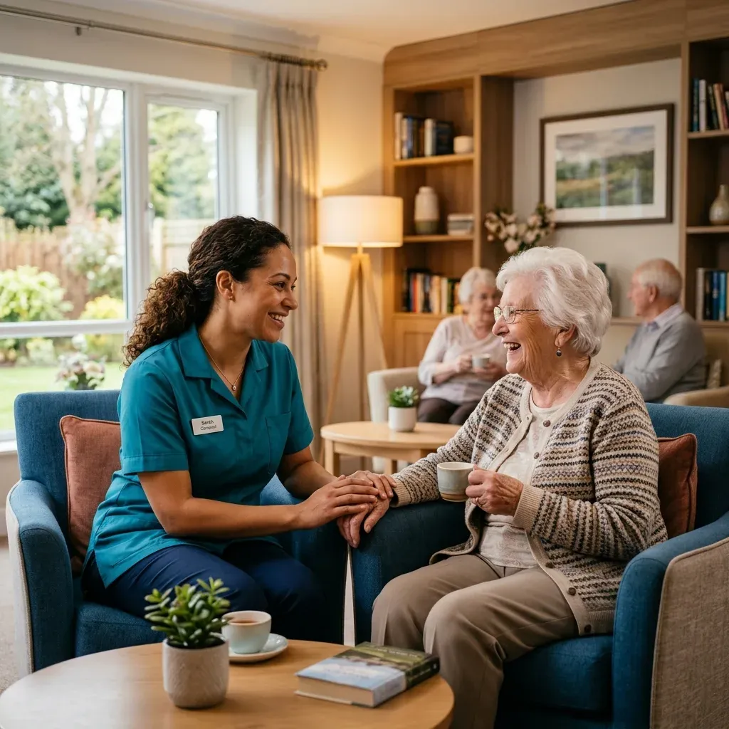 A care worker in scrubs holding the hand of a smiling elderly resident in an assisted living lounge
